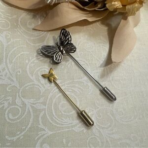 Vintage Lot of 2 Gold Tone Silver Tone Butterfly Stick Pin Brooch
